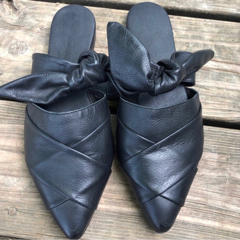 Anthropologie Black Leather Mules with Bow. Size 38. - Picture 2 of 7